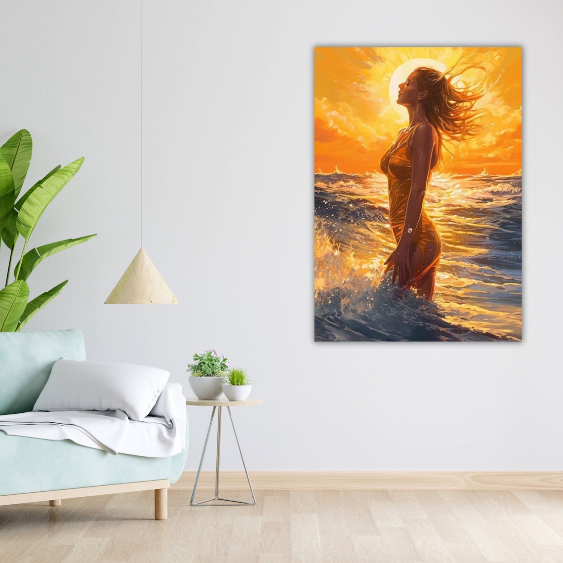 Woman in Ocean Waves Tranquil Golden Sunset Beach Art Poster - Image 3