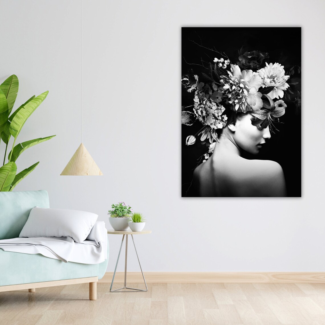 Black and White Woman Floral Headpiece Elegant Beauty Poster - Image 4