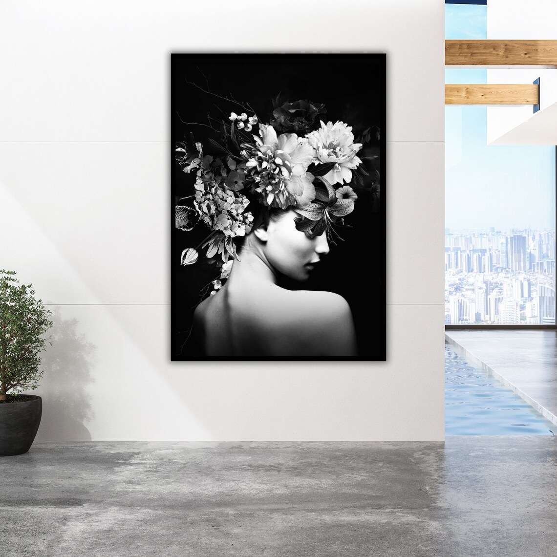 Black and White Woman Floral Headpiece Elegant Beauty Poster - Image 5