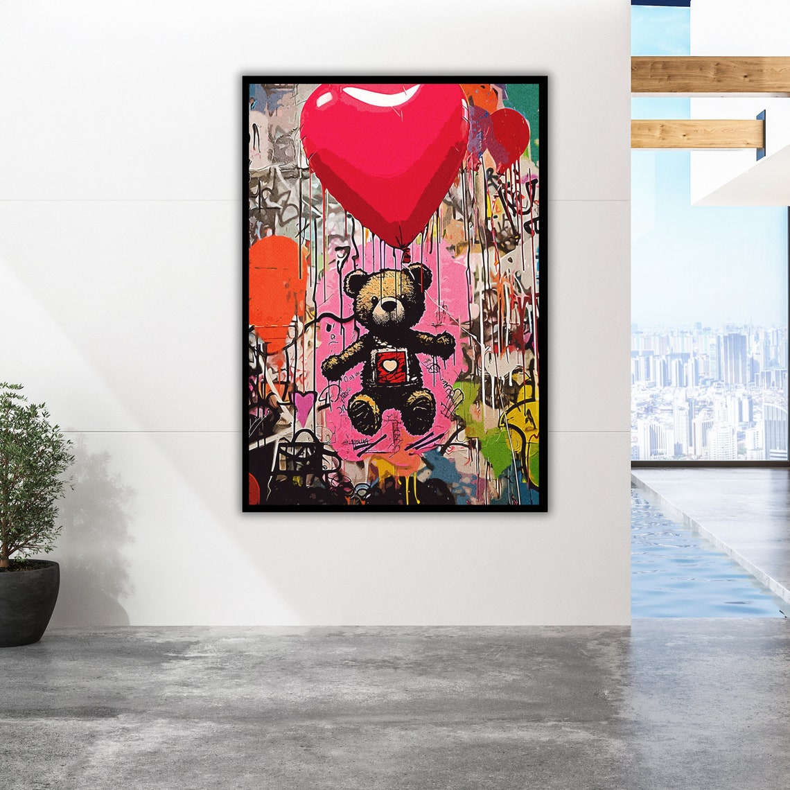 Graffiti Teddy Bear Red Heart Balloon Colorful Street Art Poster - Image 2