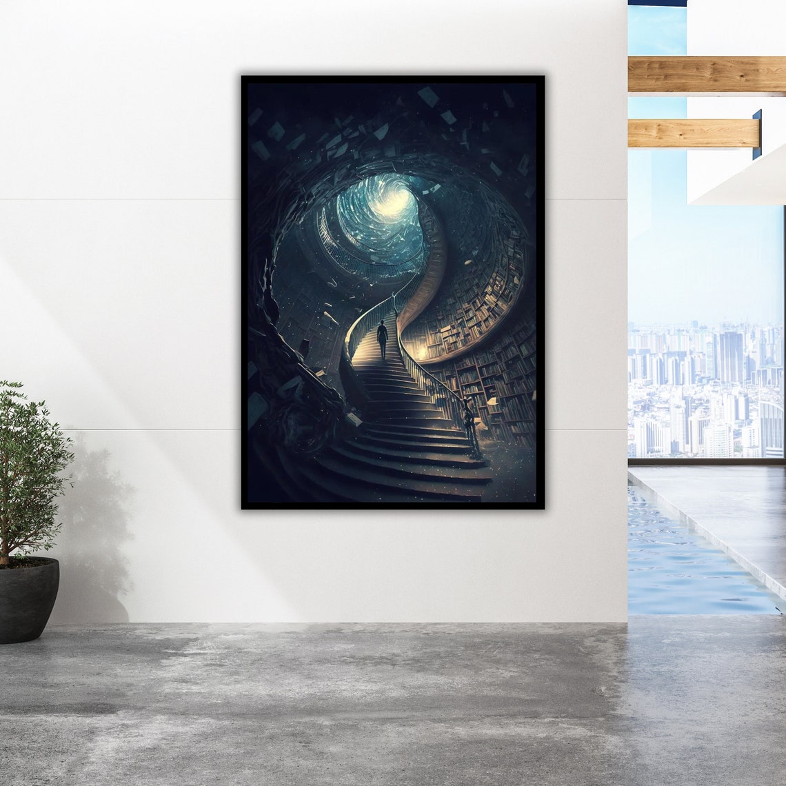 Endless Spiral Library Staircase Towering Bookshelves Fantasy Poster - Image 3