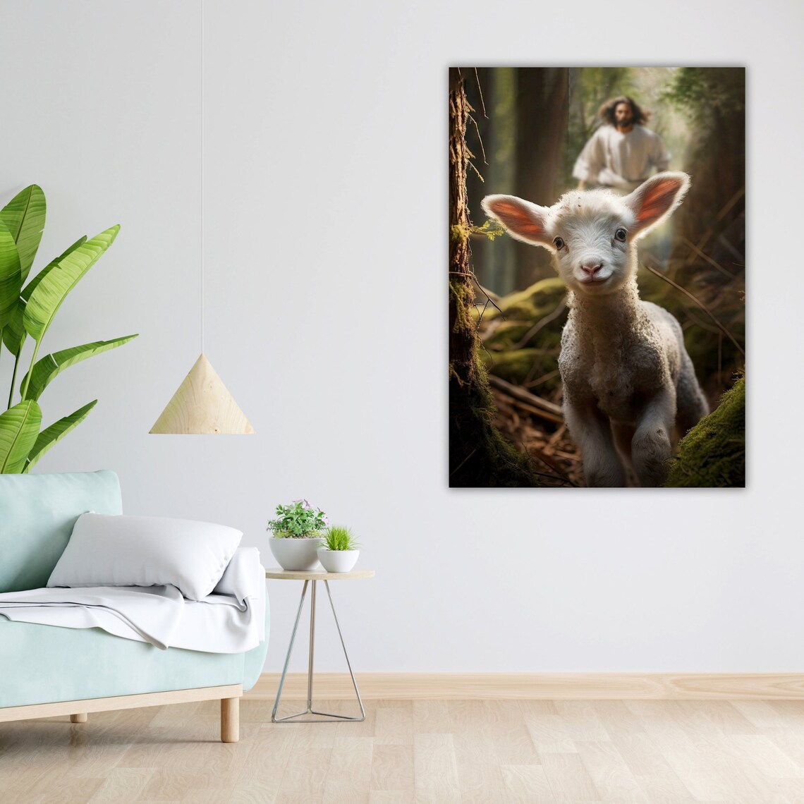 Jesus And Lost Lamb In Forest Warm Light Christian Shepherd Love Art Poster - Image 5