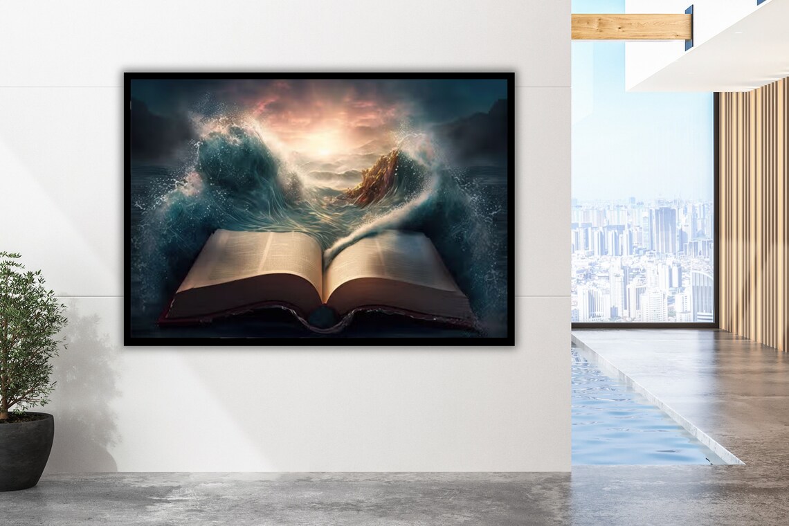 Open Bible With Ocean Waves Bursting From Pages Surreal Faith Art Poster - Image 2