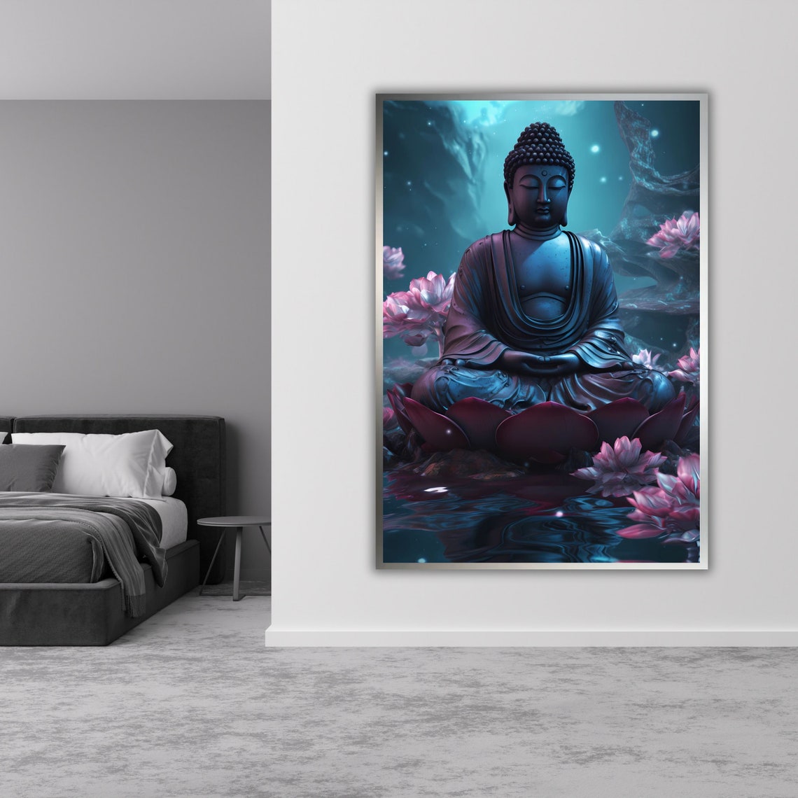 Blue Buddha Lotus Pond Pink Blossoms Moonlit Night Zen Art Poster - Image 4