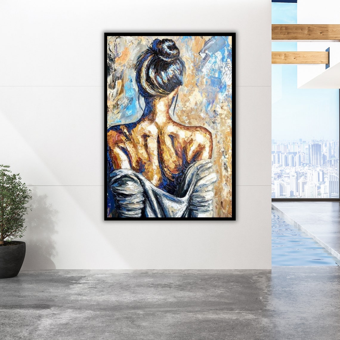 Woman From Behind Impasto Oil Painting Blue Gold Figurative Poster - Image 2