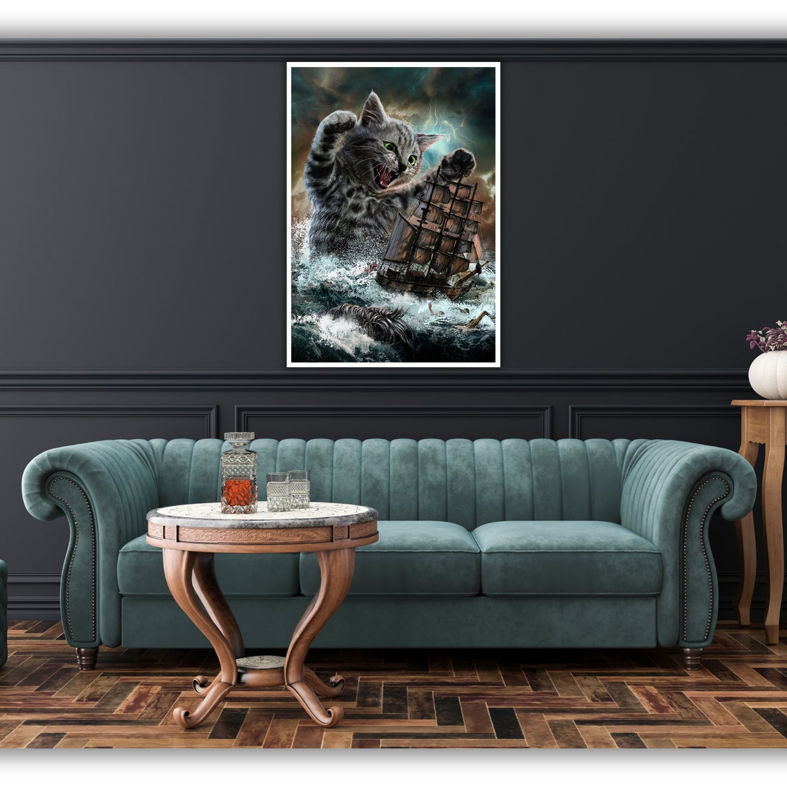 Giant Kitten Attacking Tall Ship Stormy Sea Funny Whimsical Cat Poster - Image 5
