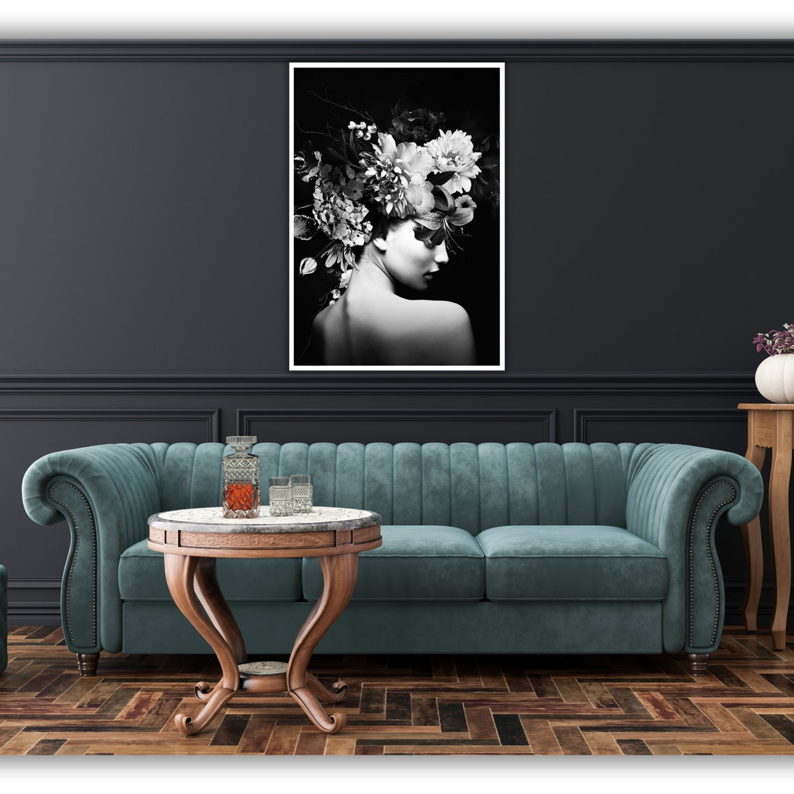 Black and White Woman Floral Headpiece Elegant Beauty Poster - Image 2