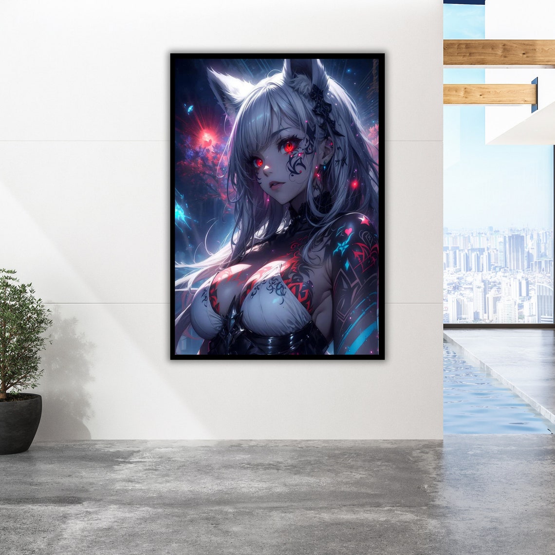 Digital Anime Cat Girl Silver Hair Red Eyes Cosmic Neon Art Poster - Image 5