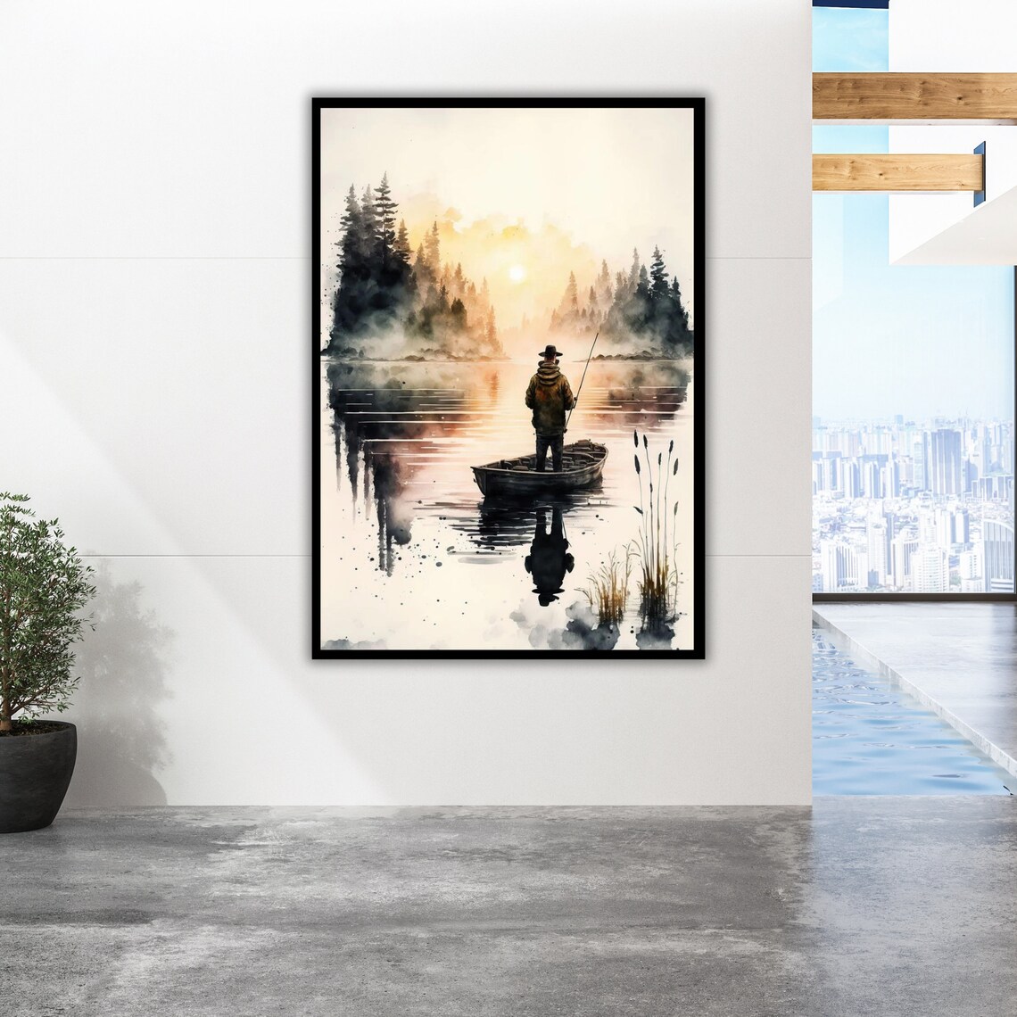 Fisherman Misty Lake Sunrise Watercolor Boat Pine Forest Art Poster - Image 2