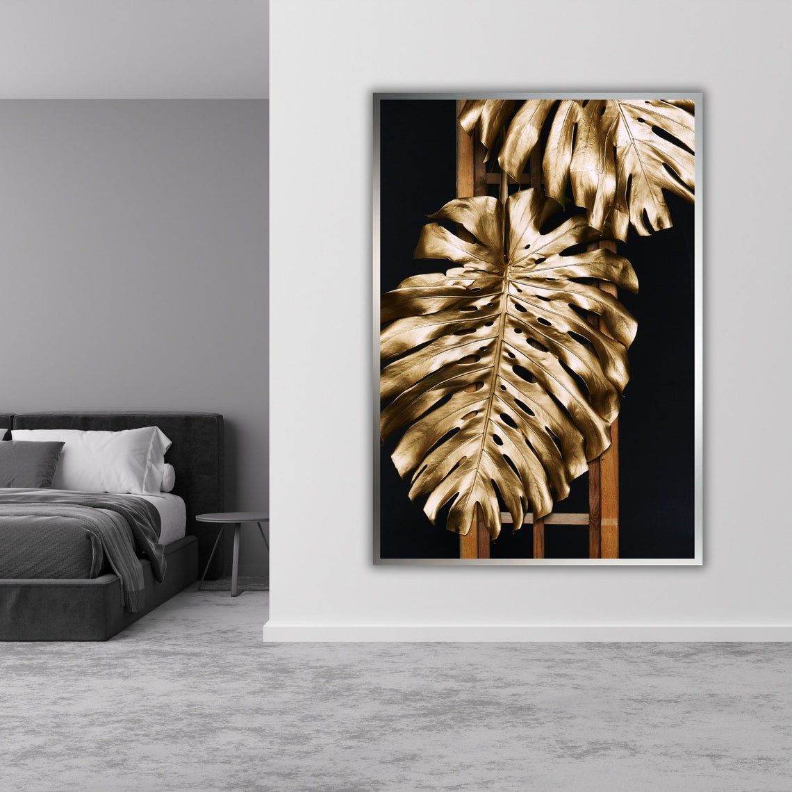 Golden Monstera Leaves Black Backdrop Modern Botanical Art Poster - Image 3