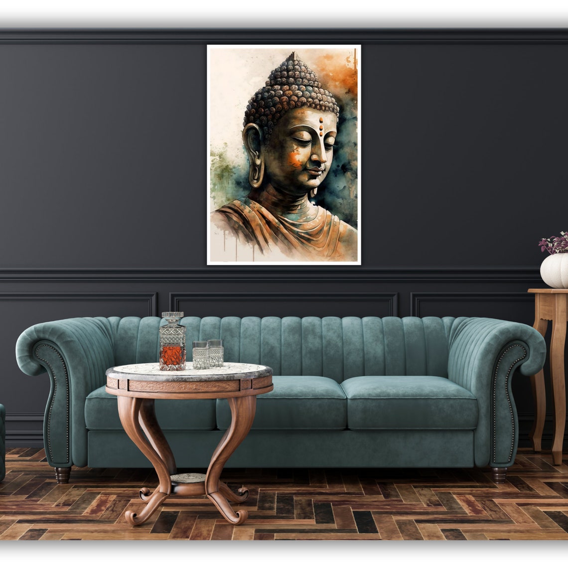 Watercolor Buddha Portrait Teal Orange Wash Serene Zen Art Poster - Image 3