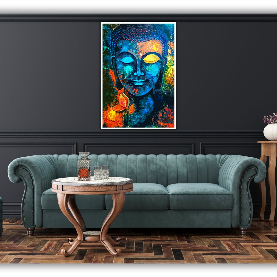 Abstract Buddha Face Blue Orange Impasto Expressionist Zen Art Poster - Image 5