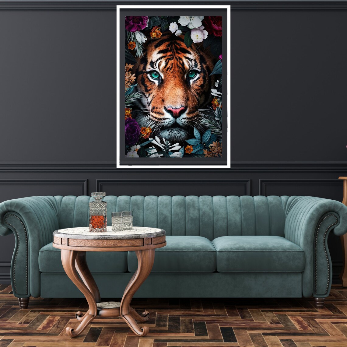 Tiger Face Close Up Floral Surround Green Eyes Wildlife Art Poster - Image 2