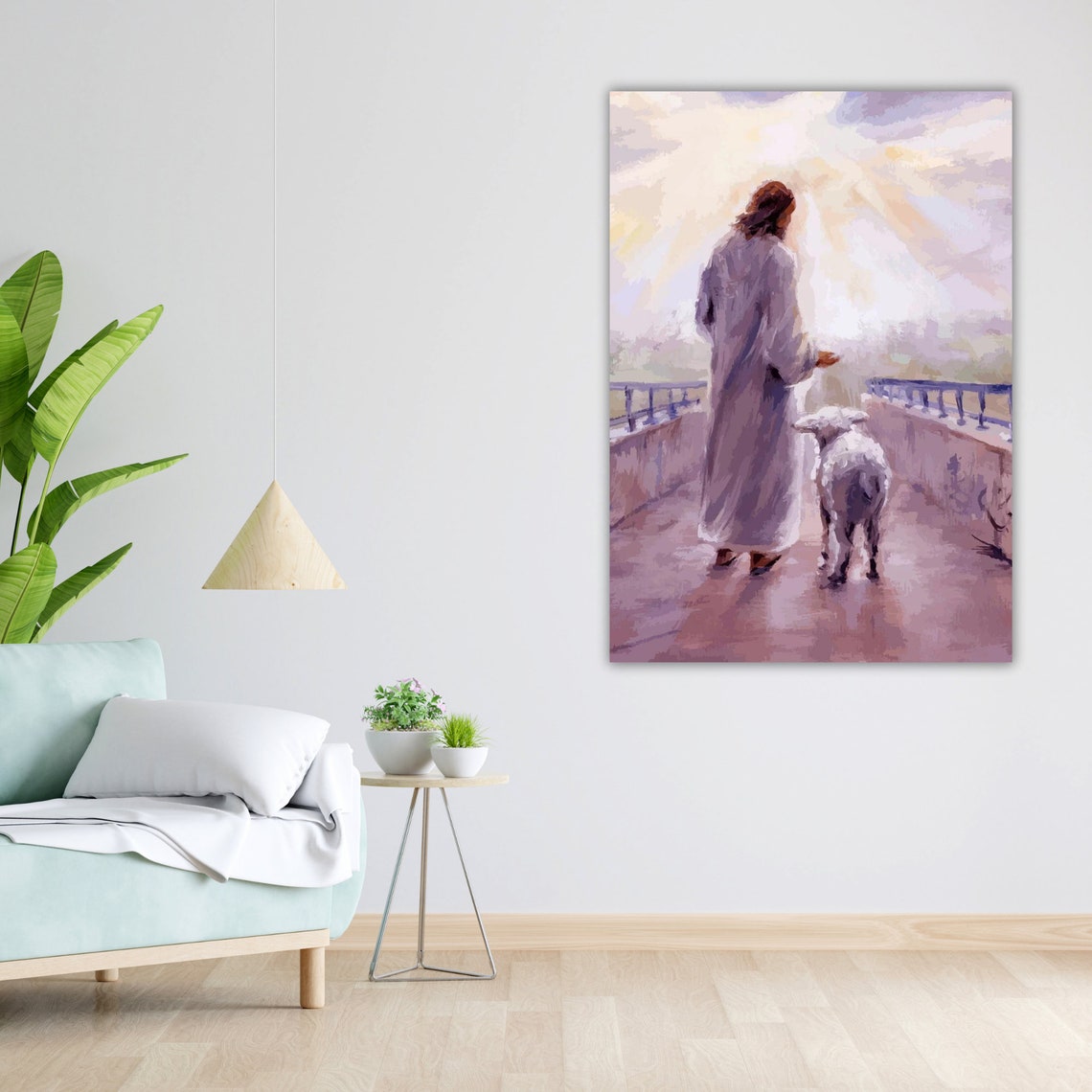 Jesus Walking With Lamb Soft Lavender Watercolor Peaceful Art Poster - Image 5