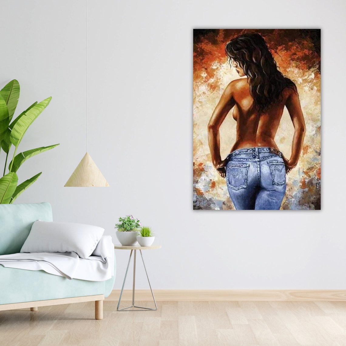 Nude Woman in Jeans Back View Warm Figurative Oil Art Poster - Image 3