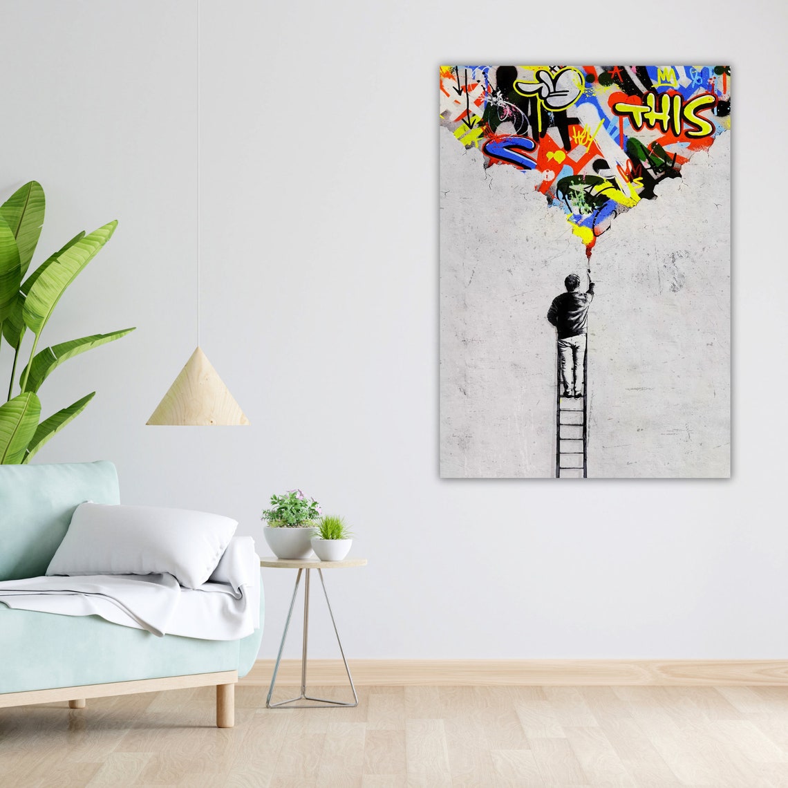 Man on Ladder Painting Graffiti Sky Banksy Style Urban Poster - Image 4