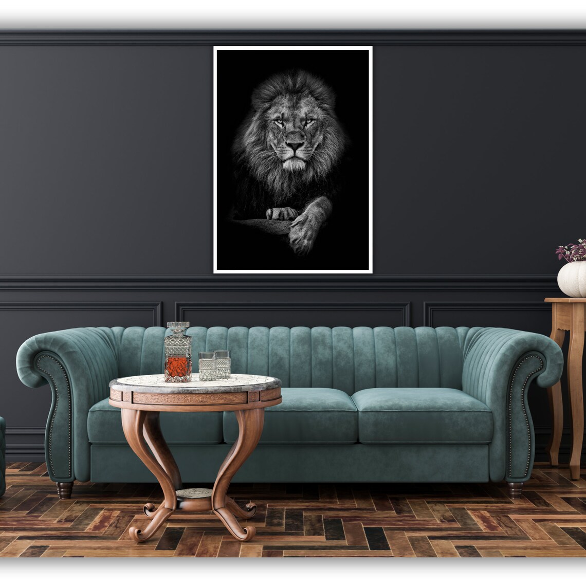 Black And White Majestic Lion Portrait Wildlife Photography Wall Art Print - Image 2