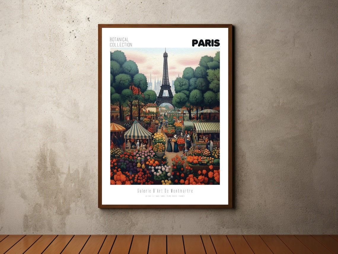 Paris Eiffel Tower Flower Market Botanical Vintage Travel Poster