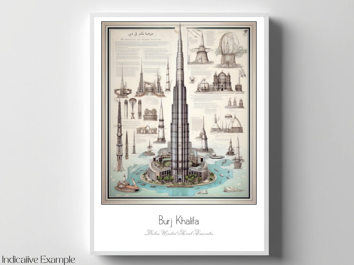 Burj Khalifa Dubai Architectural Sketch Blueprint Style Travel Poster - Image 4