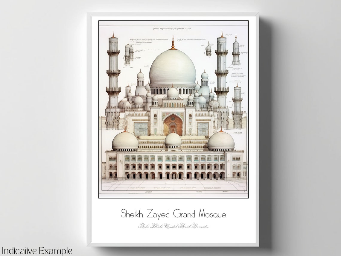 Sheikh Zayed Grand Mosque Abu Dhabi Architectural Drawing Art Poster - Image 4