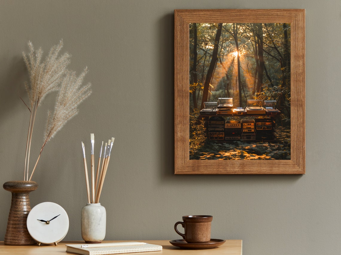 Sunlit Forest DJ Turntable Setup Surreal Golden Light Art Poster - Image 2