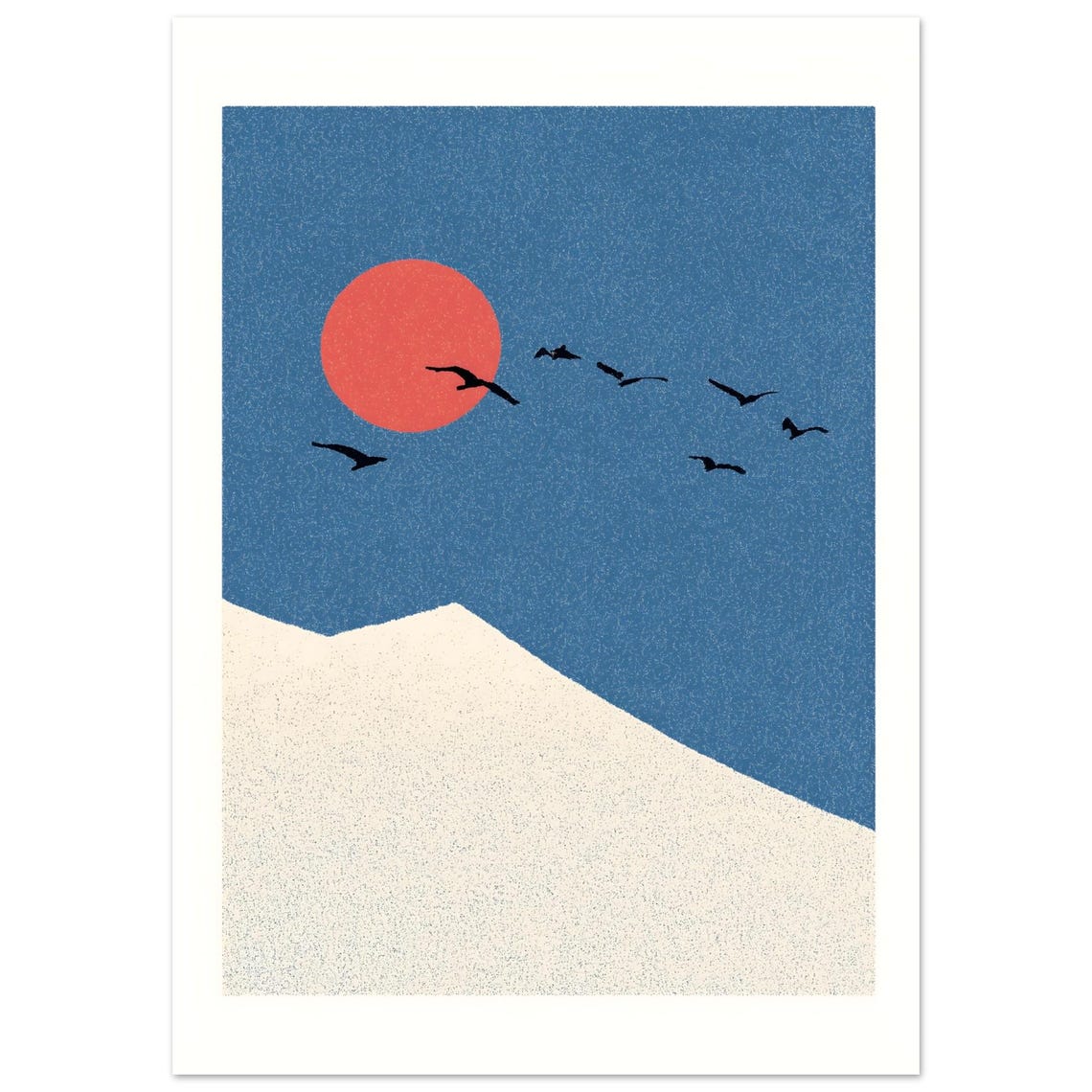 Minimalist Mountain Red Sun Birds Flying Japanese Style Art Poster