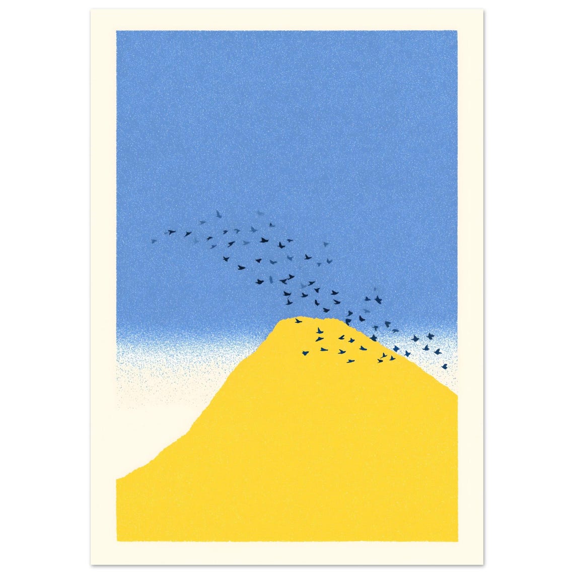 Bright Yellow Mountain Under Blue Sky With Flock Of Birds Poster