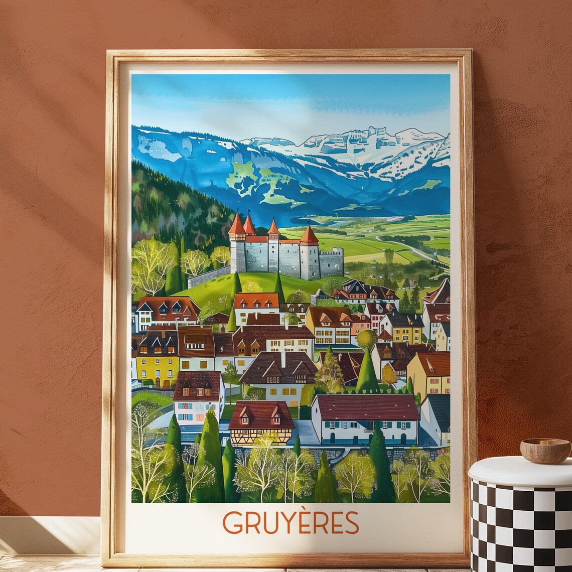 Gruyères Switzerland Castle Village Swiss Alps Illustrated Poster