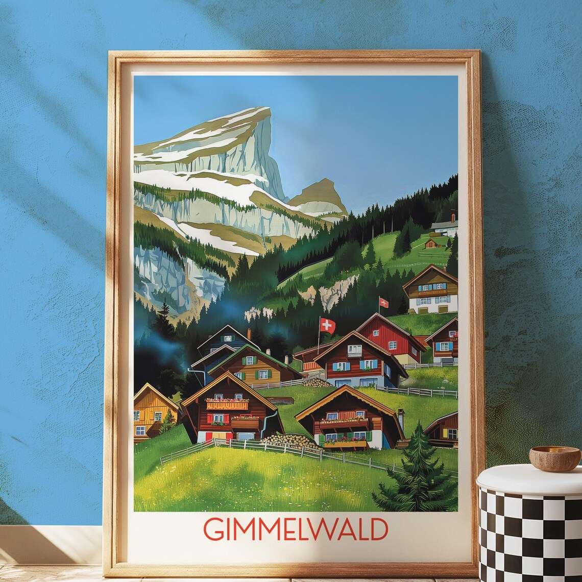 Gimmelwald Switzerland Swiss Alps Chalets Vintage Travel Poster
