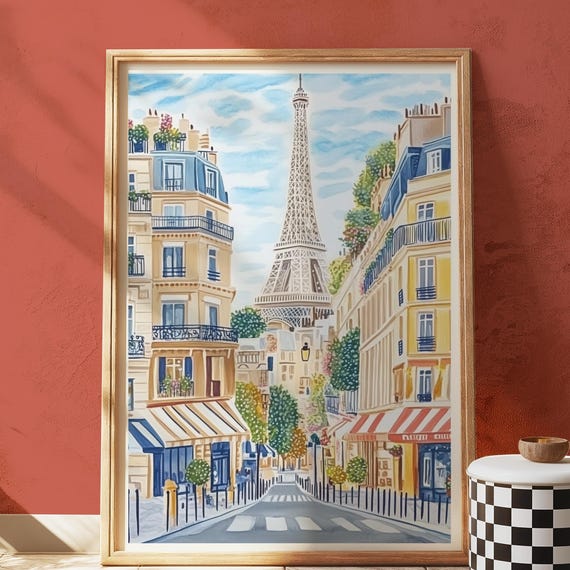 Eiffel Tower Print Paris Cafe Scene Travel Poster