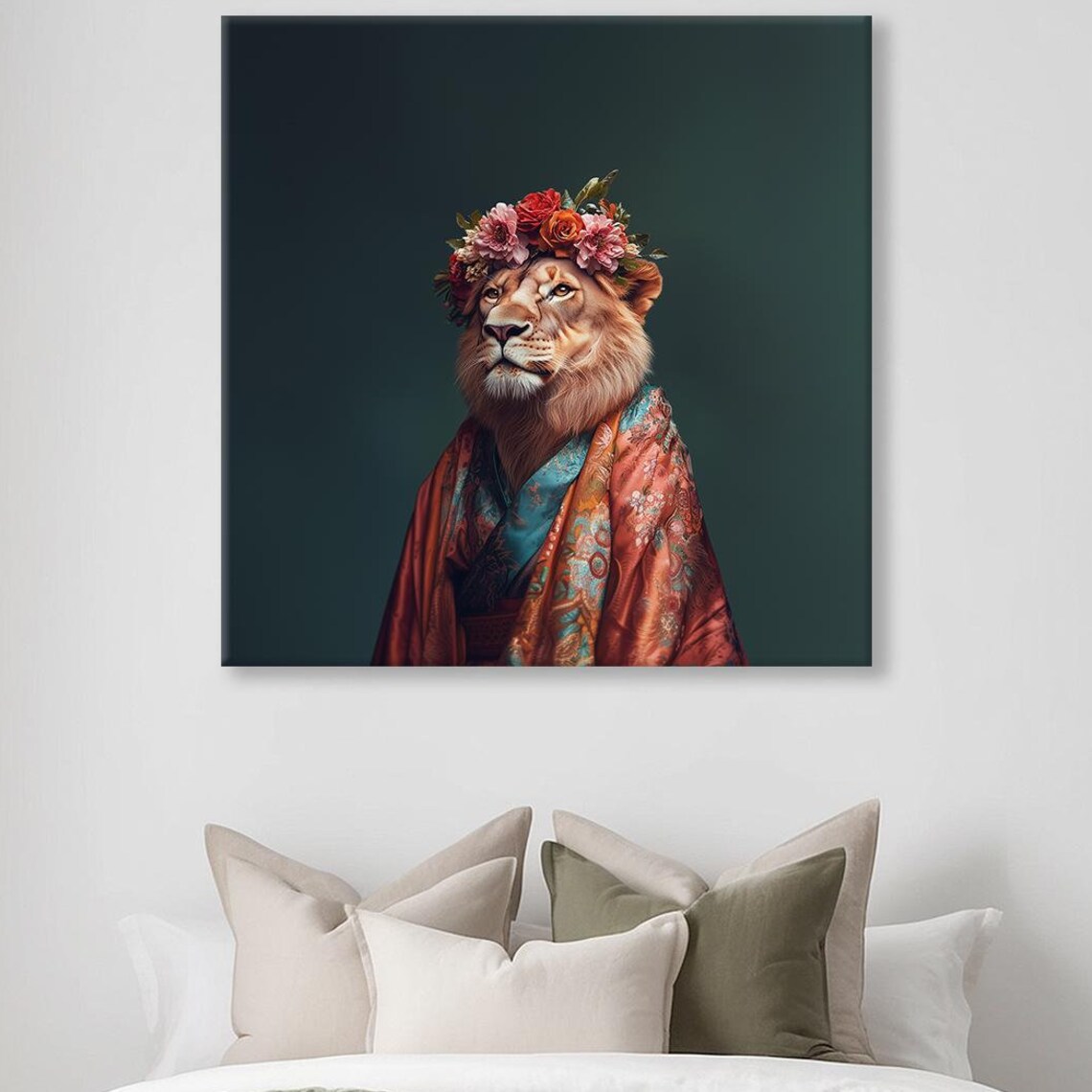 Male Lion Floral Crown Kimono Robe Maximalist Fashionista Portrait Poster