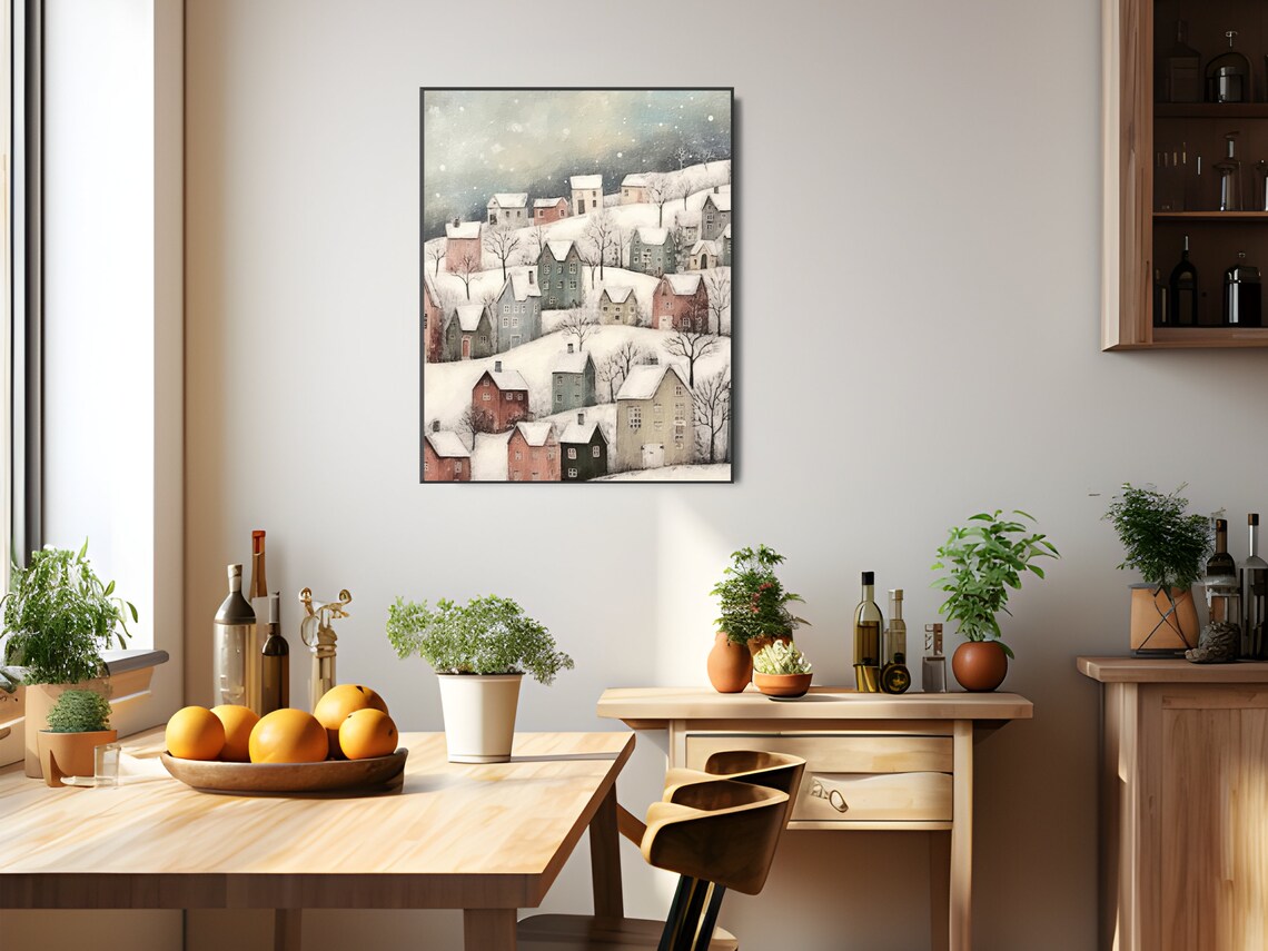 Winter Village Landscape Art Print, Scandinavian Holiday - Image 2