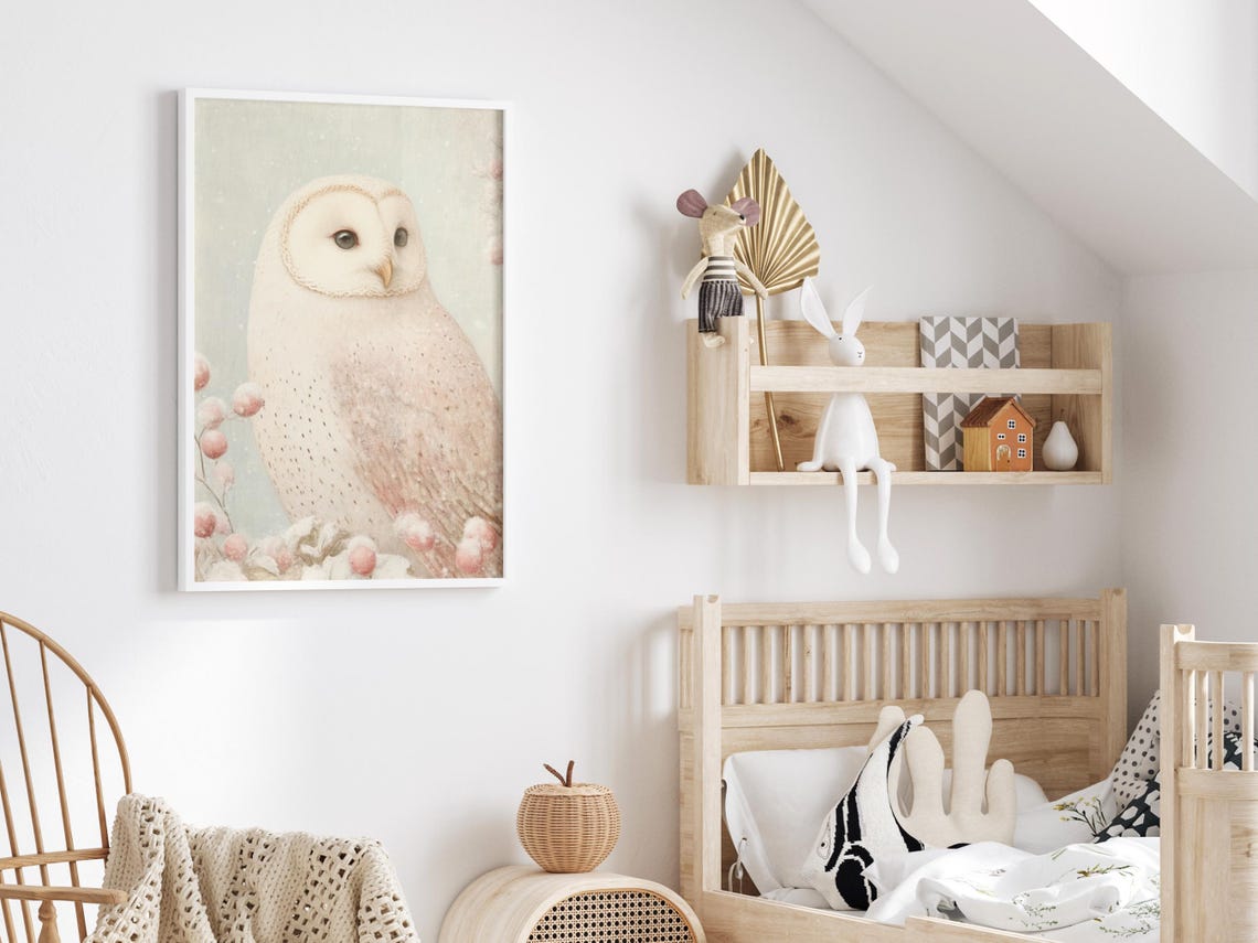 White Barn Owl Among Pink Blossoms Soft Pastel Winter Nursery Poster