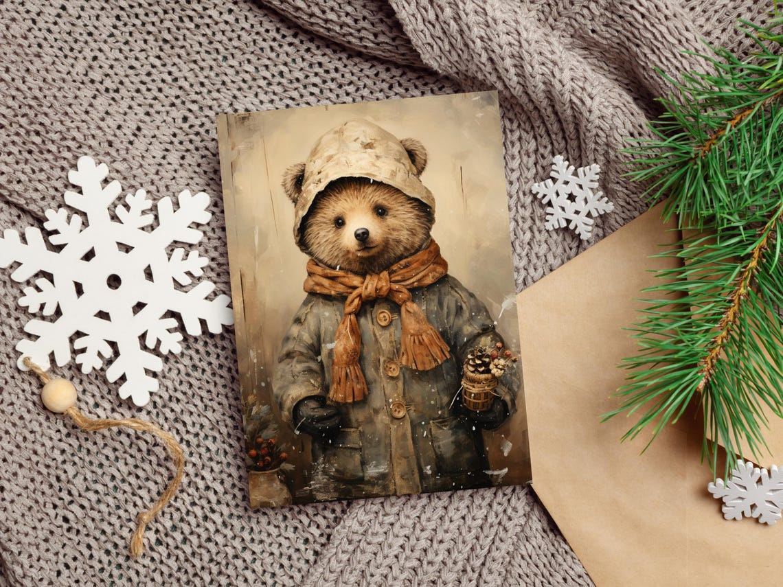 Woodland Bear Cub Winter Coat Poster Vintage Rustic Nursery Room Decor - Image 3