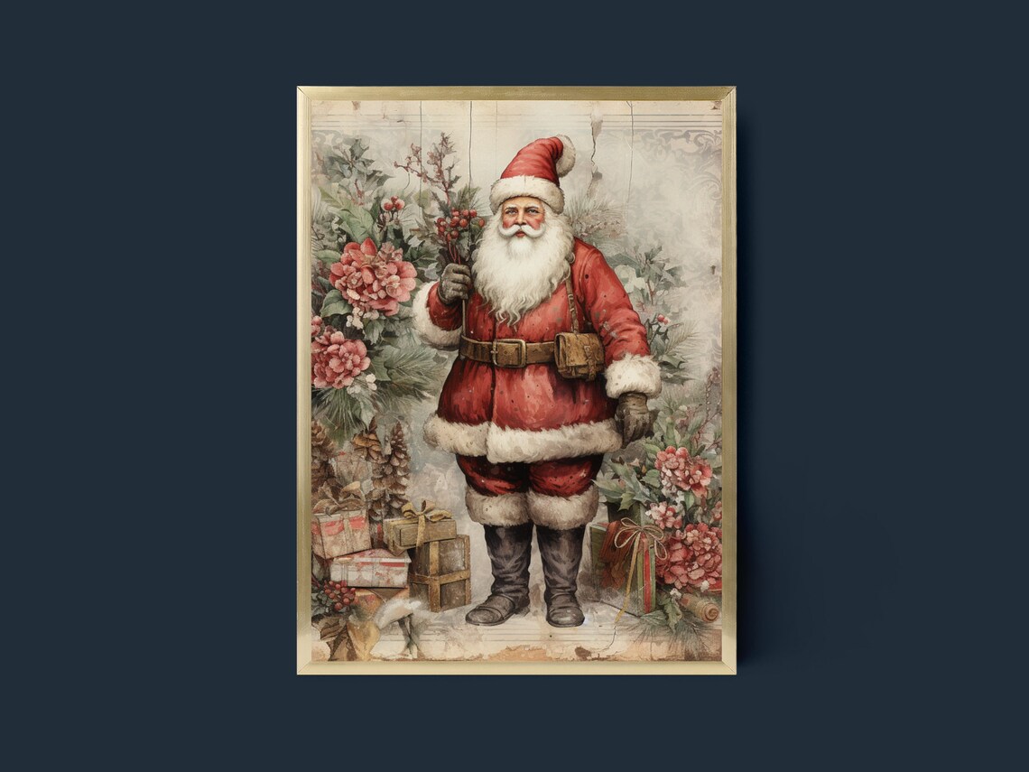 Vintage Santa Claus with Gifts and Poinsettias Christmas Poster - Image 3