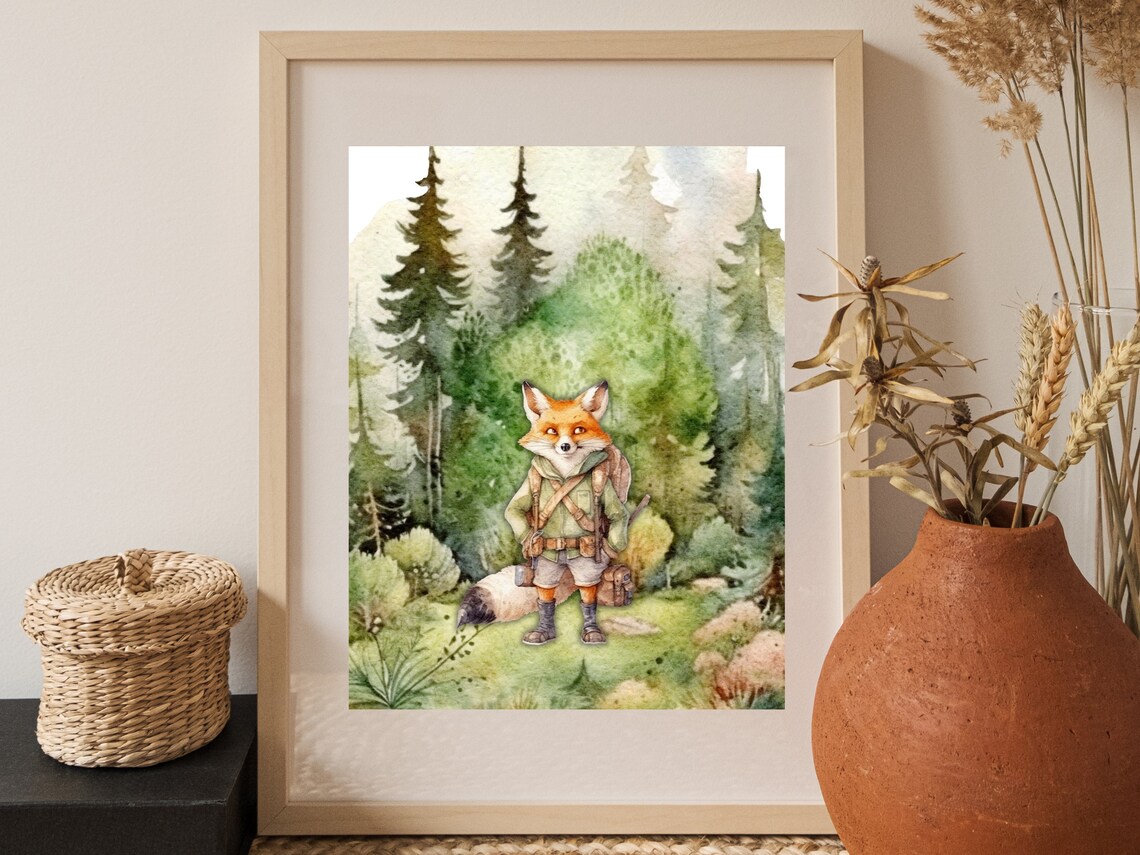 Fox Explorer Hiker in a Pine Forest Woodland Nursery Kids Room Poster - Image 3