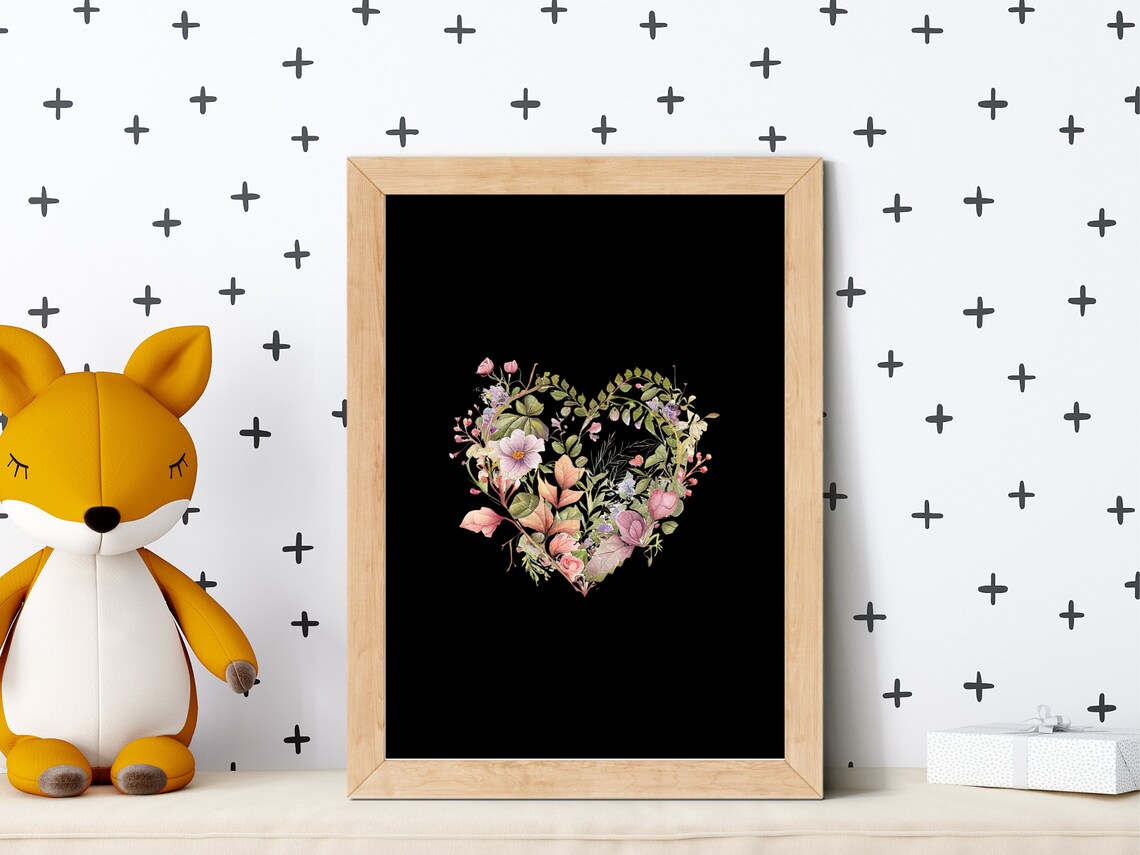 Watercolor Floral Heart Botanical Bouquet Black Background Print - Image 4