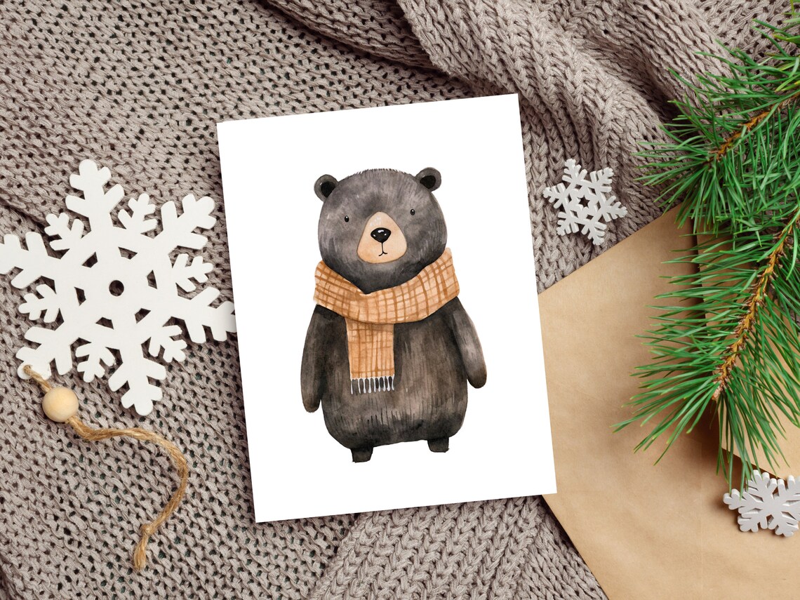 Black Bear Wearing Plaid Scarf Watercolor Winter Nursery Art Poster - Image 3