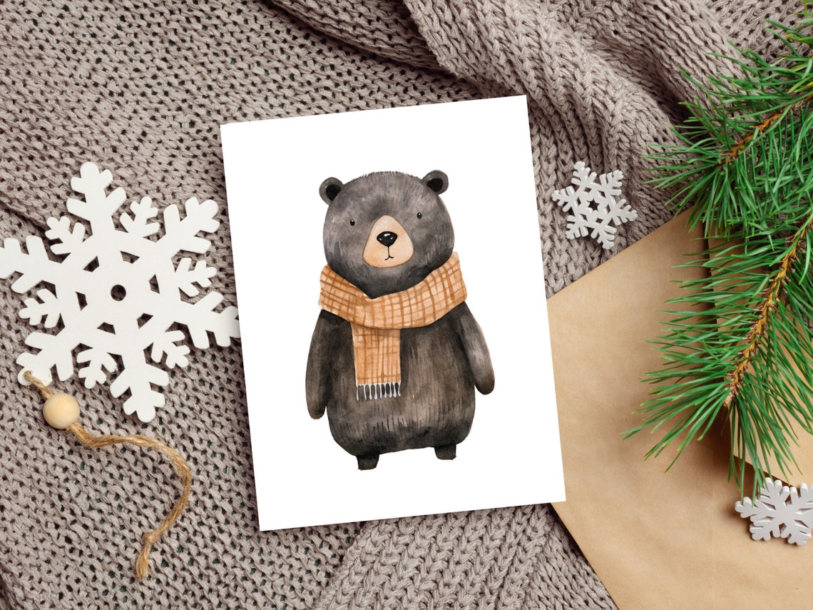 Winter Bear Kids Room Art Woodland Animal Nursery Decor Christmas Holiday Art Watercolour Animal Print Holiday Poster - Image 3