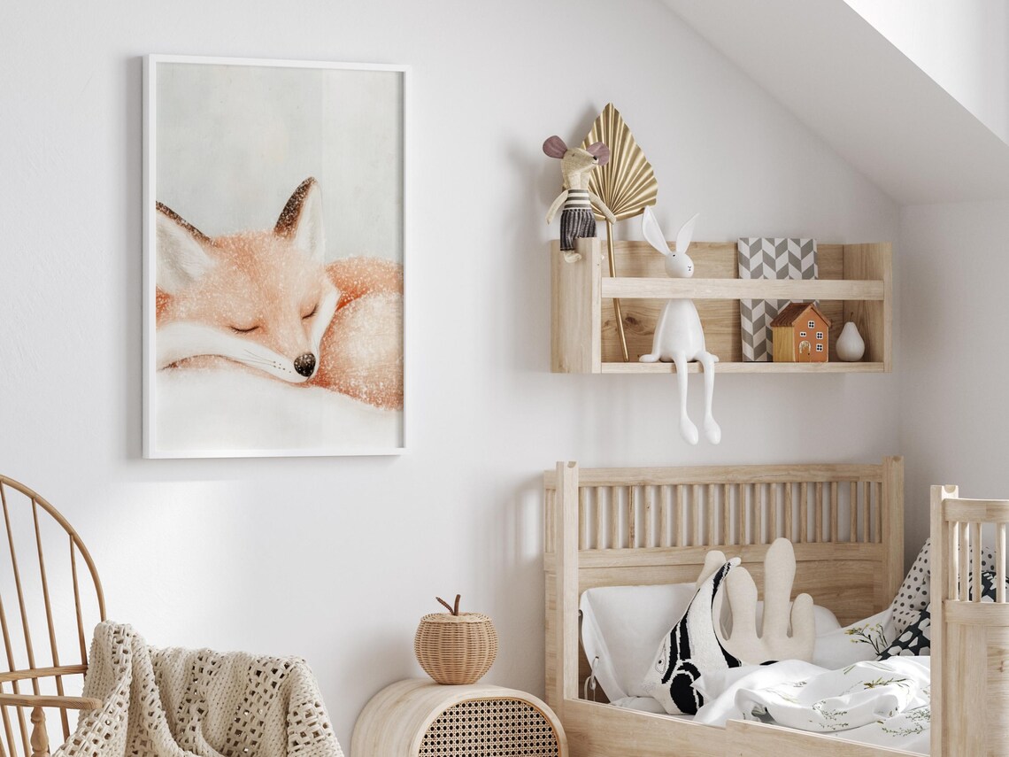 Sleeping Red Fox Watercolor Poster Cozy Winter Nursery Woodland Decor