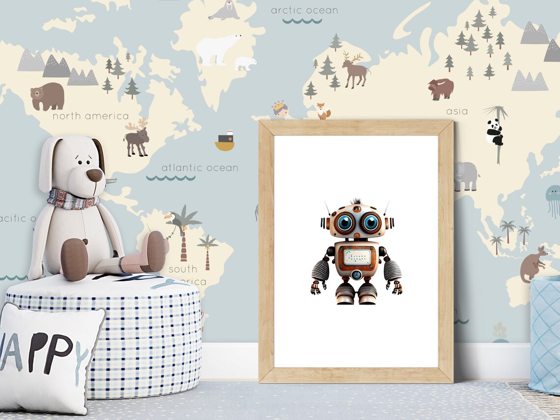Cute Smiling Robot with Big Eyes Kids Room Nursery Art Print - Image 3