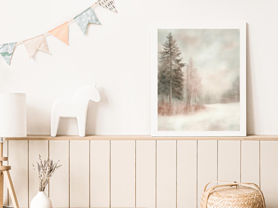 Misty Snowy Winter Pine Forest Watercolor Nature Room Decor Poster - Image 3
