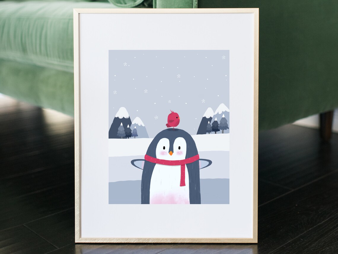 Cute Penguin With Red Scarf And Red Bird Winter Nursery Poster - Image 2