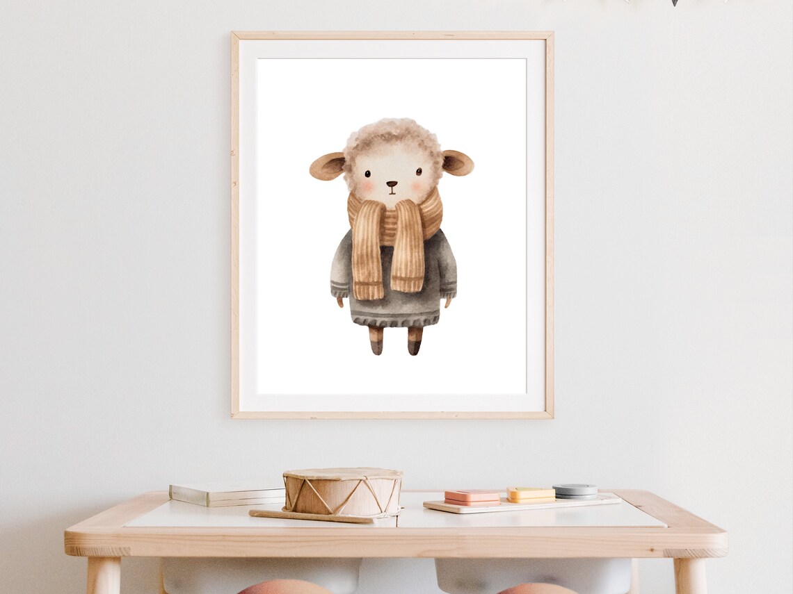 Cute Lamb Wearing Sweater And Scarf Watercolor Winter Nursery Poster - Image 4