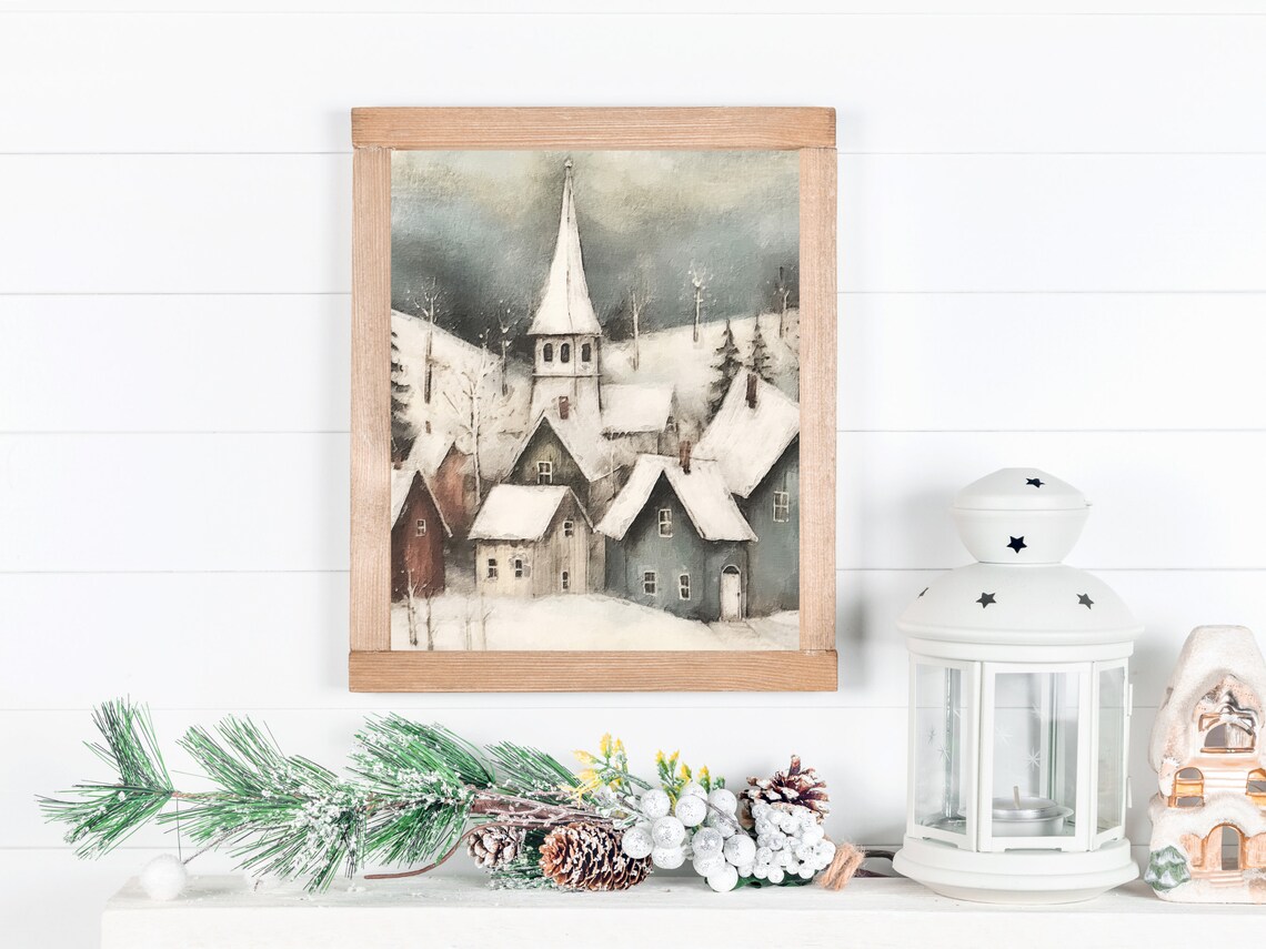 Snowy Scandinavian Village Church Steeple Watercolor Winter Art Poster - Image 3