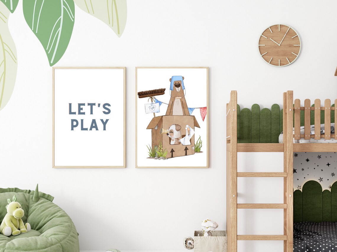 Bear In Cardboard Box With Puppy And Duck Play Watercolor Poster - Image 2