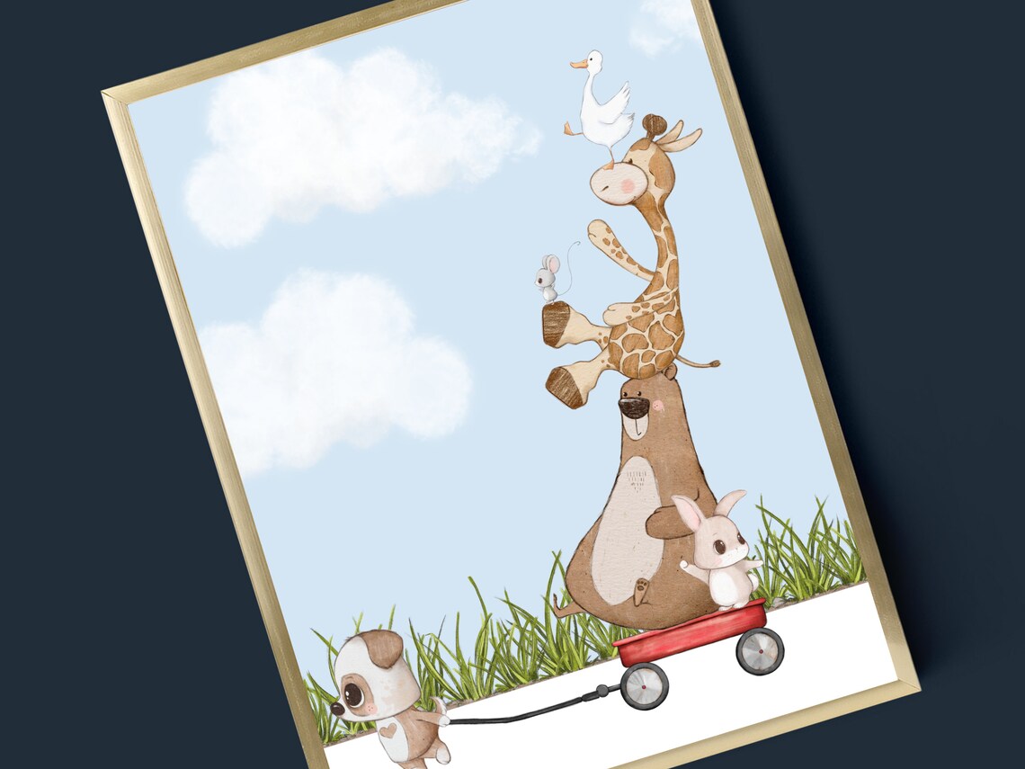 Puppy Pulling Red Wagon With Animal Friends Watercolor Nursery Poster - Image 2