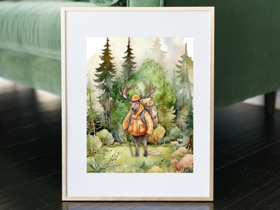 Deer Hiker with Backpack and Trekking Poles Forest Nursery Poster - Image 3