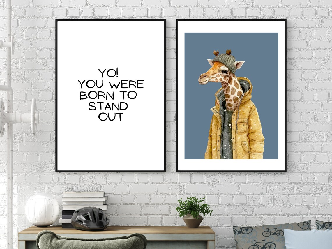 Cool Giraffe in a Yellow Jacket Funny Kids Room Animal Poster - Image 2