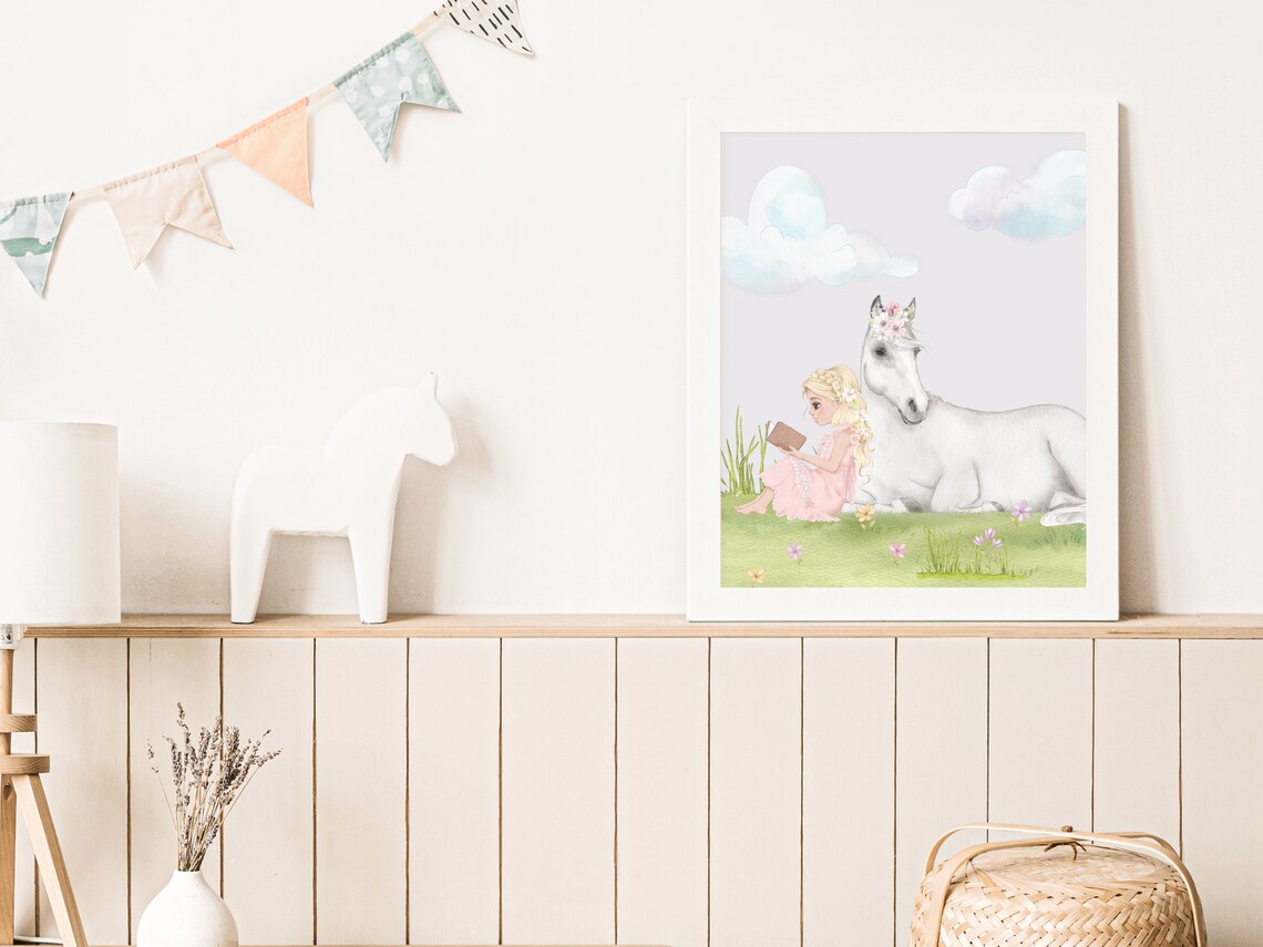 Blonde Girl Reading To White Horse Watercolor Princess Nursery Poster - Image 2